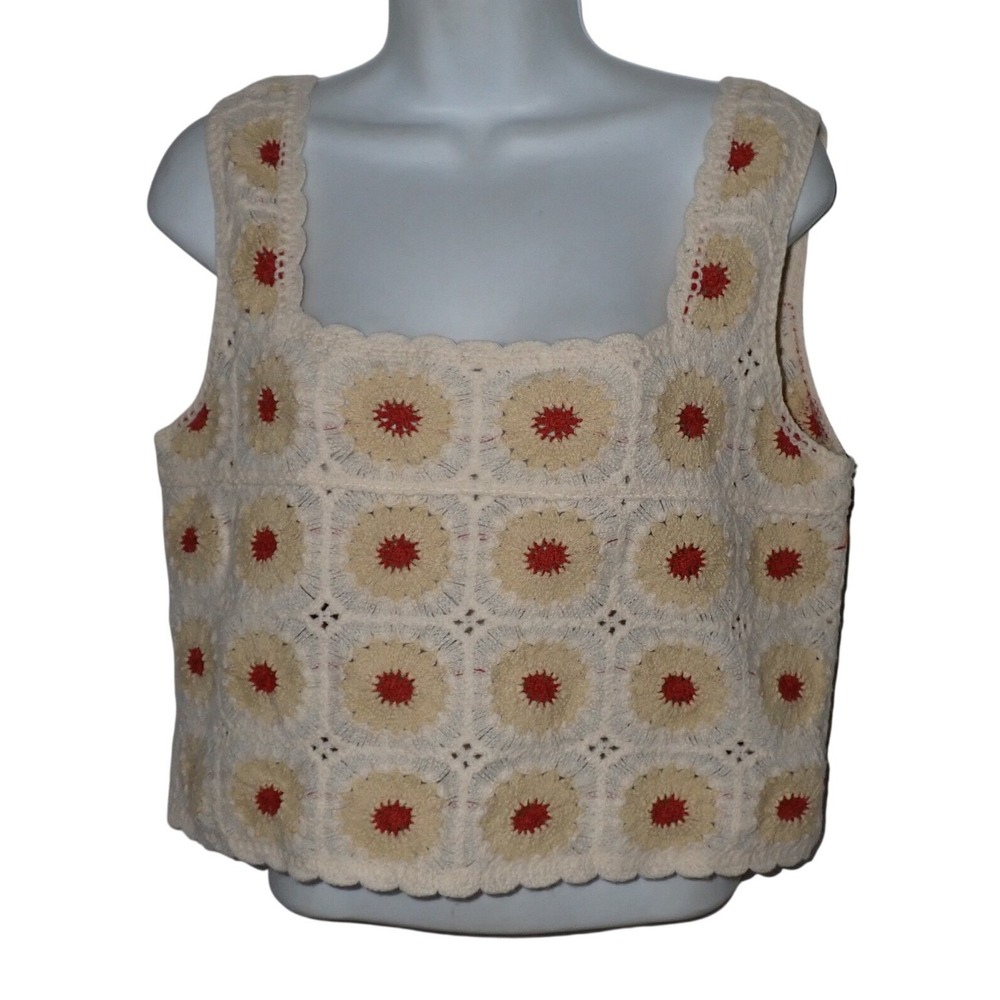 Rebellion Again Womens Crochet Granny Square Boho Tank Top Cream Size M cottage